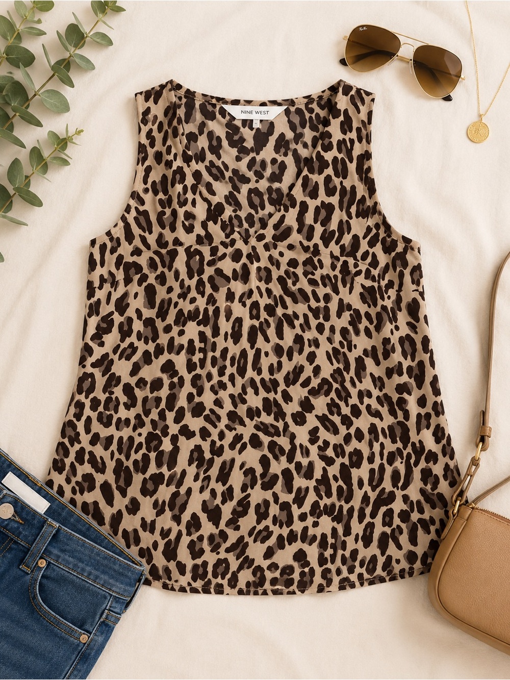 Nine West Women's Sleeveless Leopard Print V-Neck Blouse Tank Top